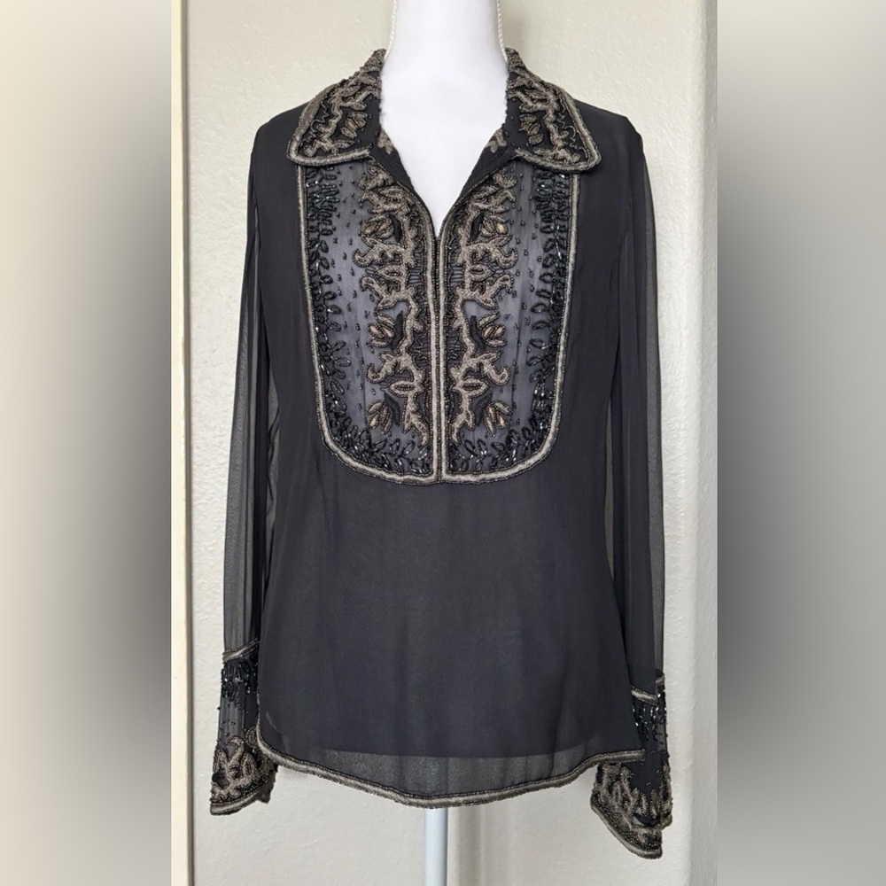 Emma Black Gray 100% Silk Beaded V Neck Blouse Top Size 4 Evening Sheer Side Zip